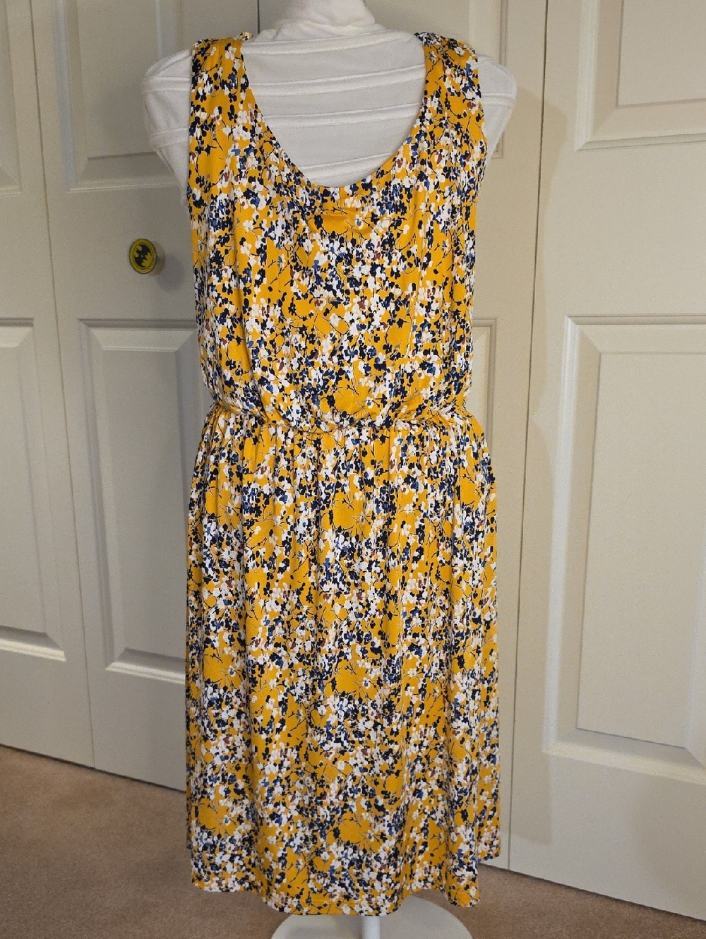 Kaileigh Yellow Floral Midi Dress with Navy and White Print